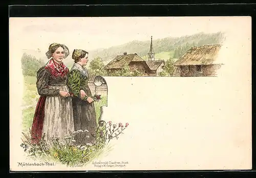 Lithographie Frauen in Schwarzwälder Tracht mit Blumen