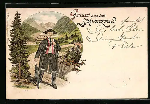 Lithographie Mann in Schwarzwälder Tracht mit Pfeife und Schirm