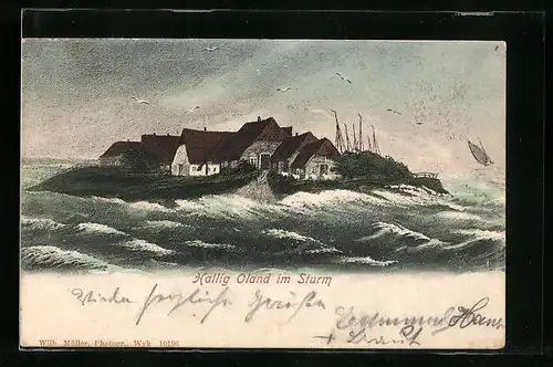 AK Hallig Oland, Ansicht bei Sturm