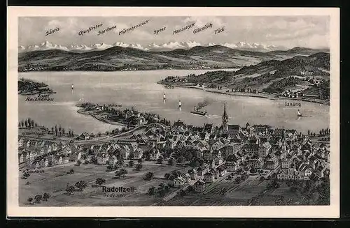 AK Radolfzell am Bodensee, Panorama mit Ort, Seeund Alpen