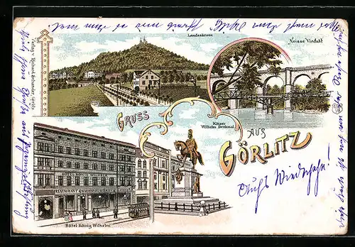 Lithographie Görlitz, Hotel König Wilhelm, Neisse Viadukt, Landeskrone