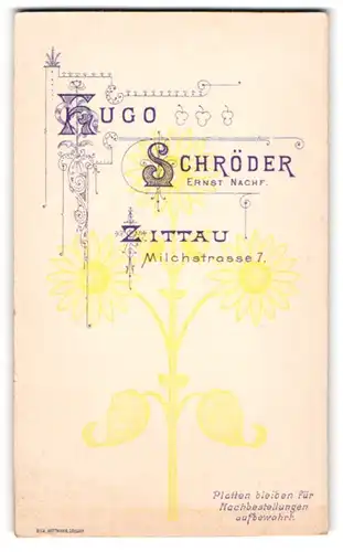 Fotografie Hugo Schröder, Zittau, Milchstr. 7, verzierte Anfangsbuchstaben des Fotografen im Jugendstil, Sonneblume