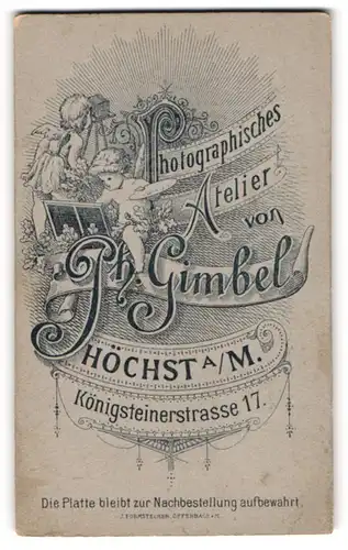 Fotografie Ph. Gimbel, Höchst / main, zwei Putti mit Plattenkamera und Malpalette