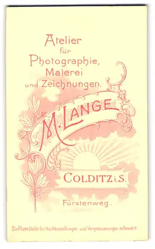 Fotografie M. Lange, Colditz i. S., Sonnenaufgang mit Anschrift des Fotografen