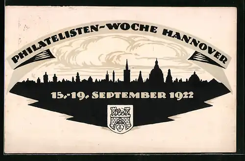 Künstler-AK Ganzsache PP61C4 /03: Hannover, Philatelisten-Woche 1922, Stadtpanorama im Scherenschnitt