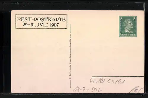 Künstler-AK Ganzsache PP101C5 /01: Marburg, Festpostkarte zu 400. jähr. Jubiläum der Philipps-Universität