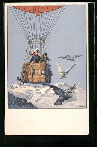 Künstler-AK Frankfurt a. M., Internationale Luftschifffahrtausstellung 1909, Ballonfahrt über die Alpen