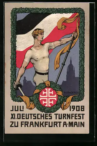 AK Ganzsache PP27C97 /01: Frankfurt a. M., XI. Deutsches Turnfest 1908, Turner mit Schläger und goldenem Eichenkranz