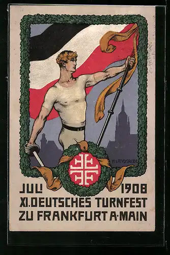 AK Ganzsache PP27C97 /01: Frankfurt a. M., XI. Deutsches Turnfest 1908, Turner mit Schläger und goldenem Eichenkranz