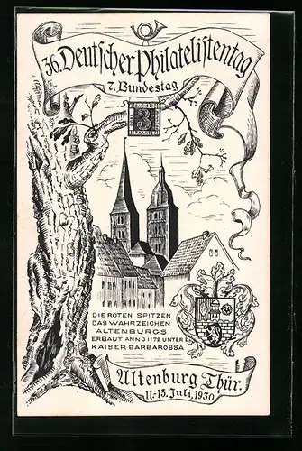 Künstler-AK Ganzsache PP106C2 /01: Altenburg i. Thür., 36. Deutscher Philatelistentag und 7. Bundestag 1930