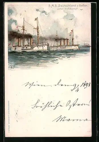 Künstler-AK A. Heide: SMS Deutschland und Gefion unter Volldampf, Ostasiengeschwader