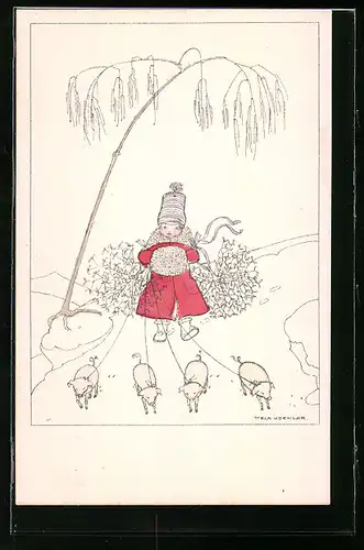 Künstler-AK Mela Köhler: Mädchen mit Schweinchen im Schnee