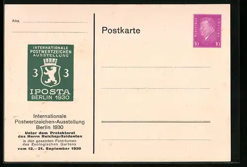 AK Ganzsache PP115C1 /02: Berlin, Internationale Postwertzeichen Ausstellung, IPOSTA, 1930