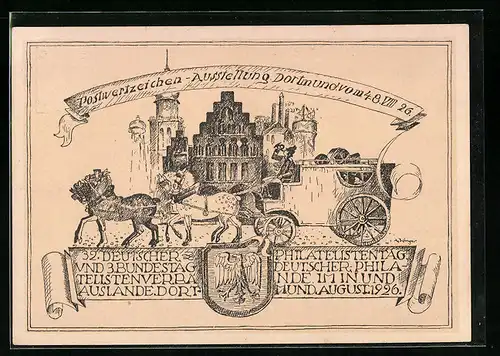 Künstler-AK Ganzsache PP81C16: Dortmund, Postwertzeichen-Ausstellung 1926, Postkutsche