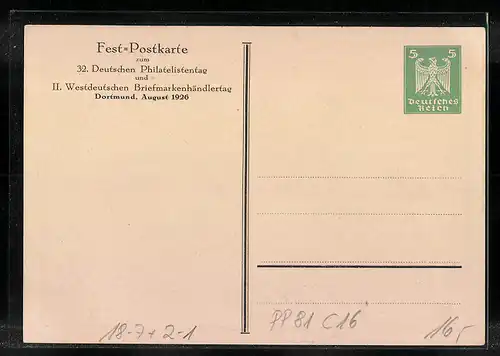 Künstler-AK Ganzsache PP81C16: Dortmund, Postwertzeichen-Ausstellung 1926, Postkutsche