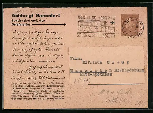 AK Ganzsache PP108B1: Achtung! Sammler! Sondereindruck der Briefmarke
