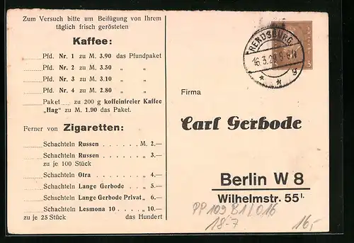 AK Ganzsache PP109B1 /016: Berlin, Bestellkarte von Carl Gerbode, Wilhelmstrasse 55