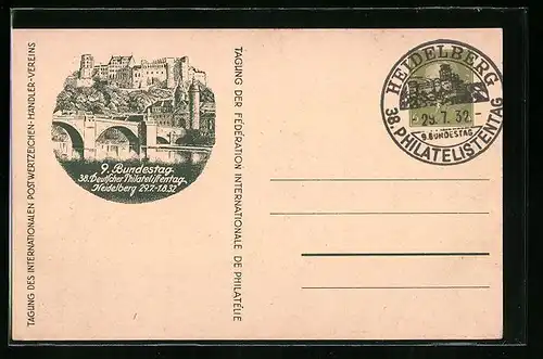 AK Ganzsache PP111C3 /01: Heidelberg, 9. Bundestag & 38. Deutscher Philatelistentag 1932, Brücke und Schloss