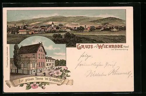 Lithographie Wienrode /Harz, Gasthaus zur grünen Tanne, Ortsansicht