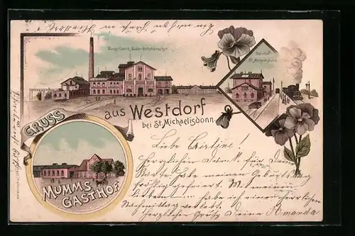 Lithographie Westdorf bei St. Michaelisdonn, Mumms Gasthof, Bahnhof, Zuckerfabrik