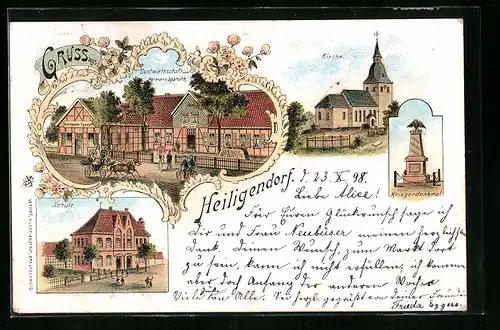 Lithographie Heiligendorf, Gasthaus von Hermann Spanuth, Kirche, Schule, Kriegerdenkmal