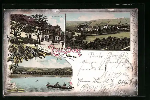 Lithographie Rollsdorf, Restaurant, Ruderboote auf dem Bindersee
