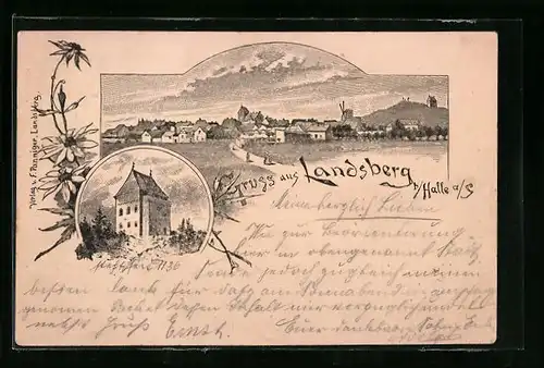 Lithographie Landsberg bei Halle, Kapellenberg, Ortsansicht
