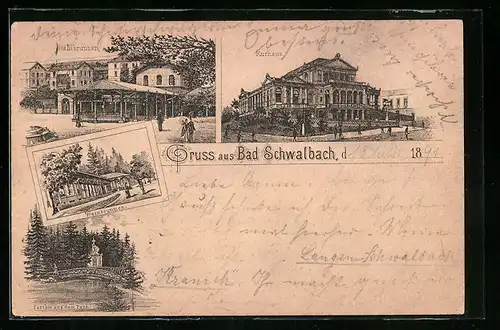 Vorläufer-Lithographie Bad Schwalbach, 1891, Kurhaus, Stahlbrunnen, Weinbrunnen