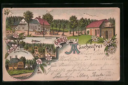 Lithographie Mönchenfrei, Gleichnamiger Gasthof mit Garten, Königl. Försterei