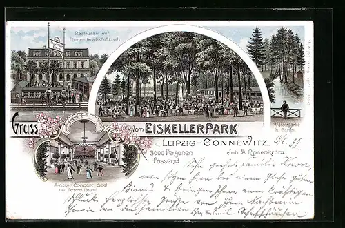 Lithographie Leipzig-Connewitz, Restaurant Eiskellerpark mit Innenansichten, Wasserpartie im Garten