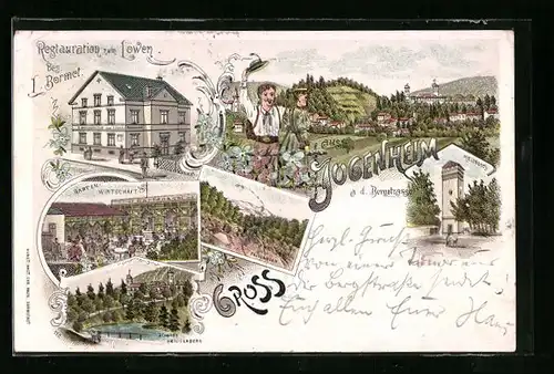 Lithographie Jugenheim a. d. B., Restaurant zum Löwen, Schloss Heiligenberg und Melibocos