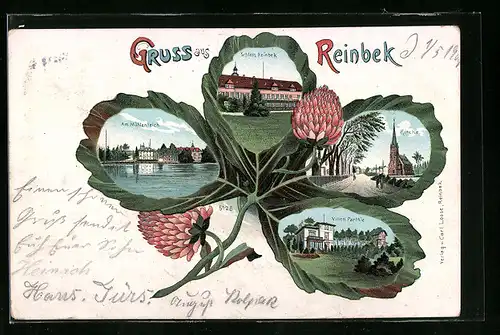 Passepartout-Lithographie Reinbek, Mühlenteich, Schloss Reinbek, Kirche und Villenpartie mit Kleeblatt