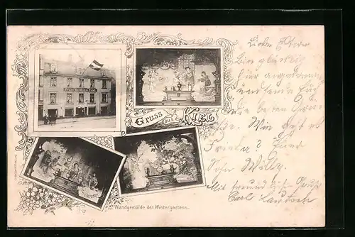 AK Kiel, Hotel von Franz Maedicke, Wandgemälde des Wintergartens