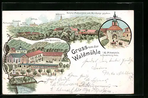Lithographie Blankenburg i. H., Hotel Waldmühle in Kl. Michaelstein, Strassenpartie am Klostertor
