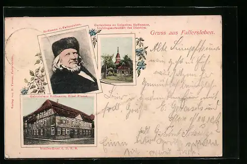 AK Fallersleben, Bundeshotel d. D. R. B., Geburtshaus von Hoffmann v. Fallersleben mit Portrait