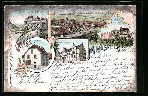 Lithographie Mansfeld, Johanniter Siegenhaus, Schloss Mansfeld, Lutherhaus und Rathaus