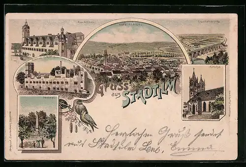 Lithographie Stadtilm, Schloss, Denkmal, Totalansicht, Eisenbahnbrücke und Kirche