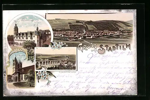 Lithographie Stadtilm, Schloss, Kirche, Eisenbahnbrücke, Totalansicht aus der Ferne