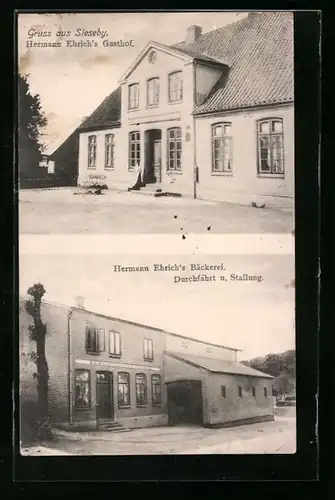 AK Sieseby, Hermann Ehrich`s Gasthof, Bäckerei und Durchfahrt zur Stallung