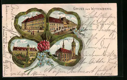 Passepartout-Lithographie Wittenberg, Melanchthon-Haus, Lutherhaus und Augusteum im Kleeblatt