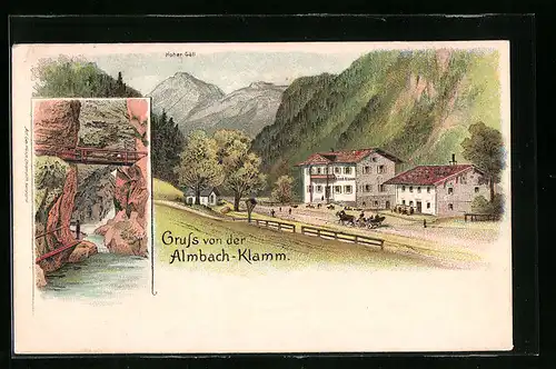 Lithographie Almbach-Klamm, Hotel und Hoher Göll, Ortspartie