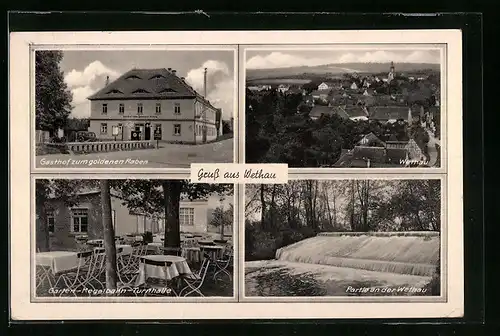 AK Wethau über Naumburg-Saale, Gasthof zum goldenen Raben, Garten-Kegelbahn-Turnhalle, Partie an der Wethau