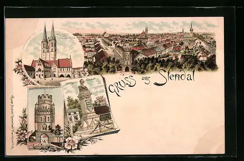Lithographie Stendal, Rathaus mit Roland u. St. Marien-Kirche, Unglinger Tor, Nachtigal-Denkmal