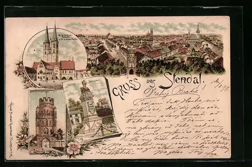 Lithographie Stendal, Rathaus mit Roland u. St. Marien-Kirche, Unglinger Tor, Nachtigal-Denkmal