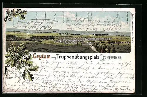 Lithographie Loburg, Truppenübungsplatz mit Casino, Bureaux und Küchen