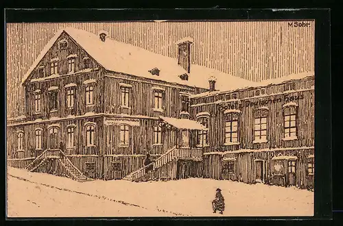 Künstler-AK Grünhainichen, Hotel Deutsches Haus im Schnee