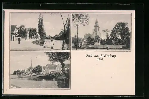 AK Fichtenberg /Elbe, Kirche, Uferpartie, Ortspartie