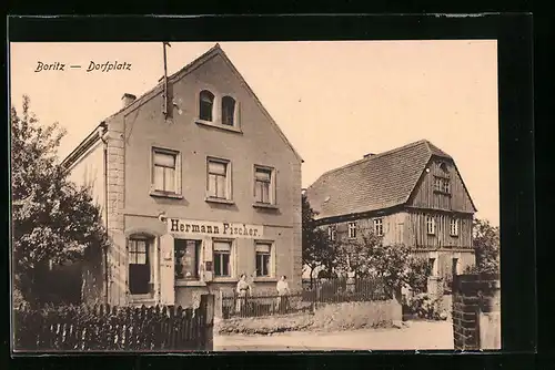 AK Boritz, Dorfplatz mit Geschäft von Hermann Fischer