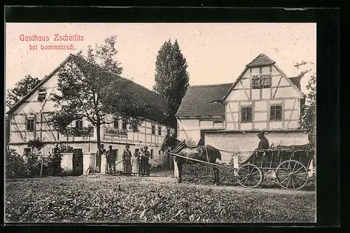 AK Lommatzsch, Gasthaus Zscheilitz mit Pferdewagen
