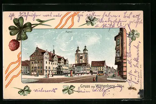 Passepartout-Lithographie Wittenberg a. E., Strassenpartie am Markt mit Litfasssäule und Strassenbahn